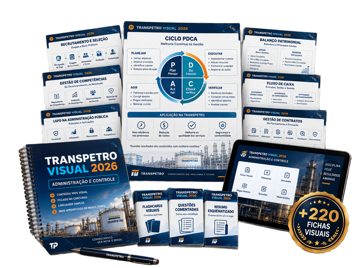 Mockup do Transpetro Visual 2026 com apostila, módulos, fichas e tablet