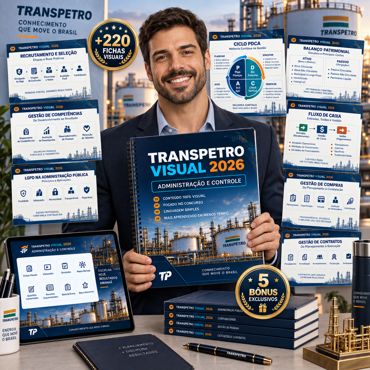 Aluno segurando o Transpetro Visual 2026 — Administração e Controle, com fichas de conteúdos, tablet e selo de bônus