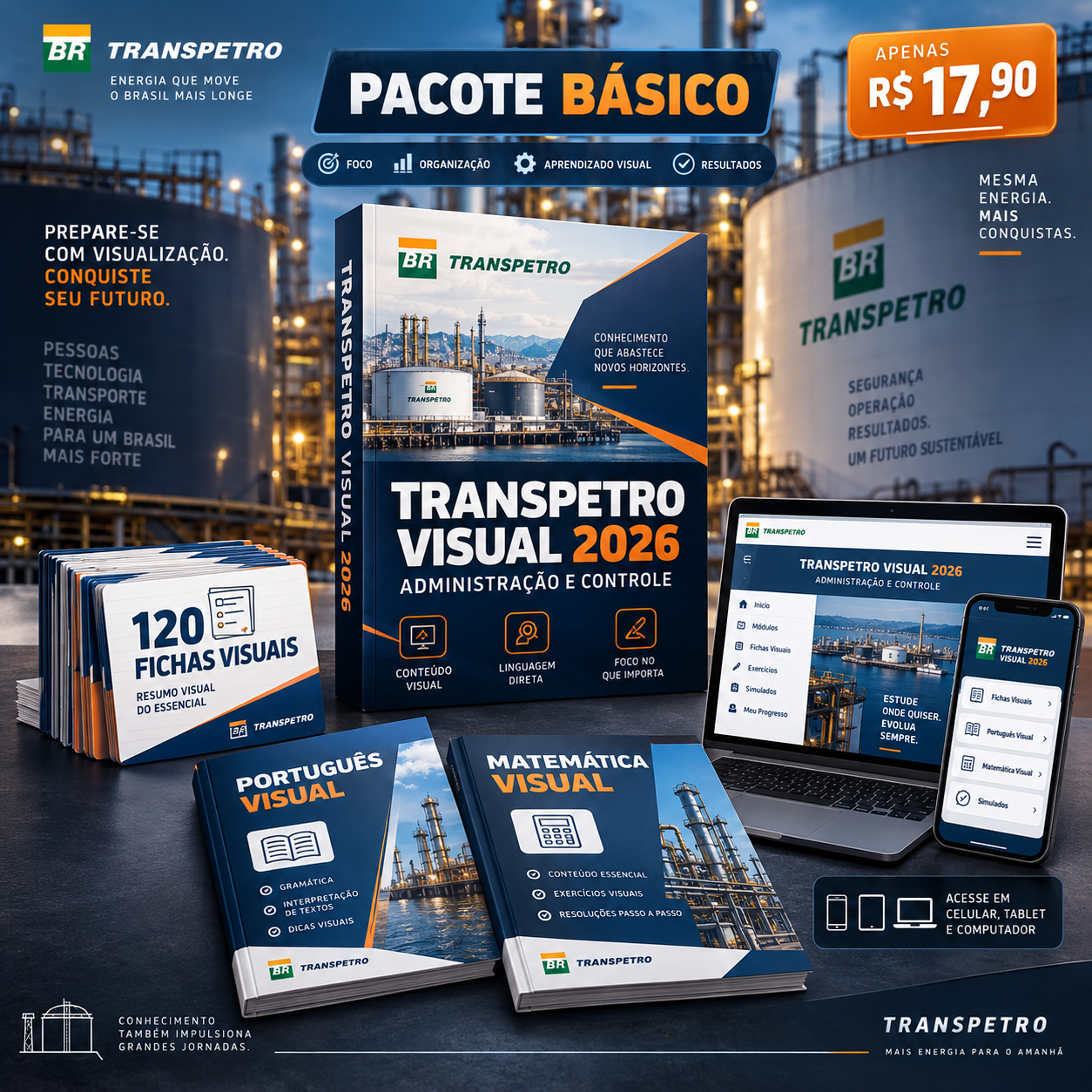 Pacote Básico Transpetro Visual 2026 — Português Visual e Matemática Visual, 120 fichas